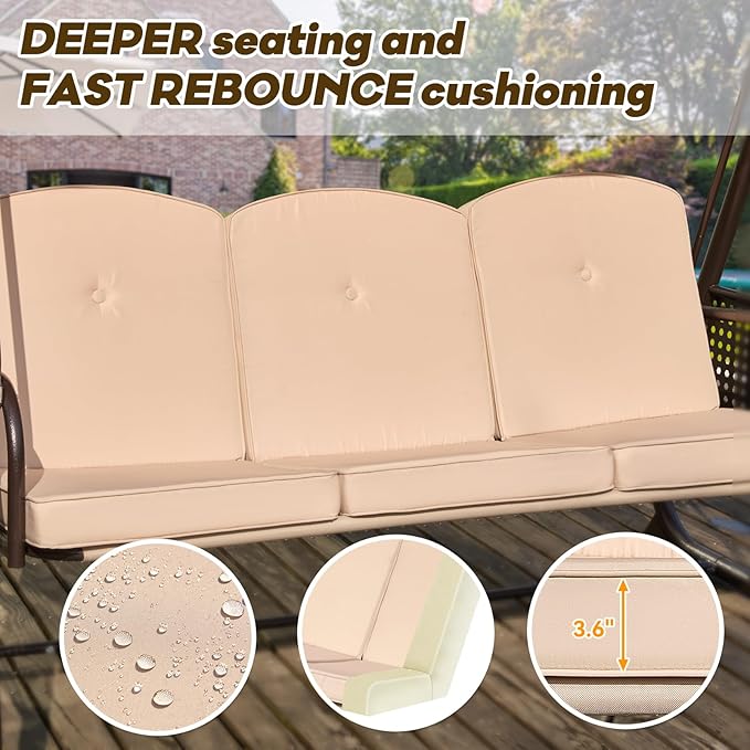 3 in 1 Outdoor Porch Swing with Adjustable Canopy, 3 Seat Outdoor Swing for Adults, Patio Swing Chair with Thickened Cushions,Pillows & Cup Holders for Backyard, Porch, Garden (Khaki)