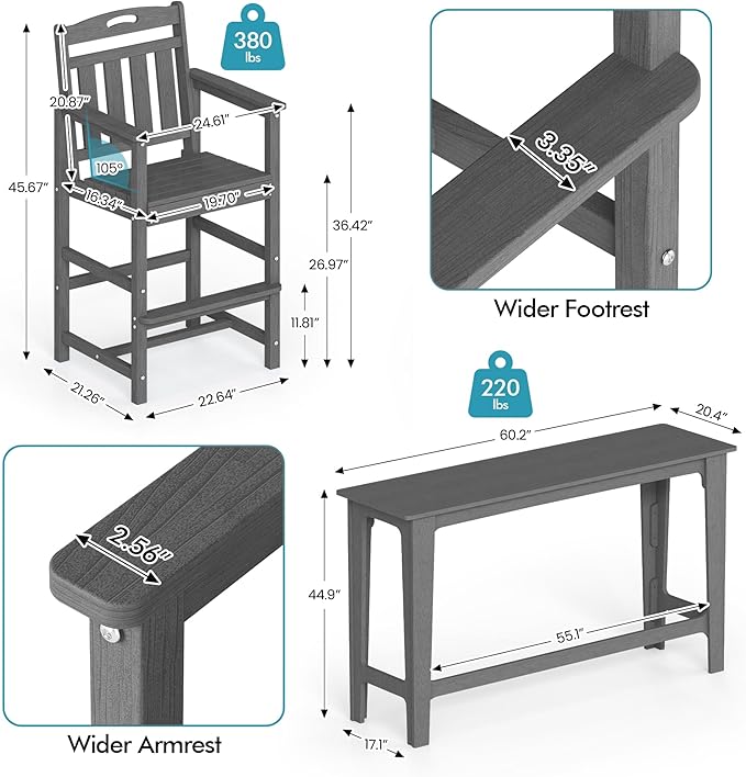 Ciokea 3 Pcs Outdoor Bar Height Table Set, 60" Extra Long Rectangle High Top Table and 2 Oversized Adirondack Chairs Set, Heavy-Duty All-Weather HDPE Patio Bar Set for Backyard Balcony Deck,Grey