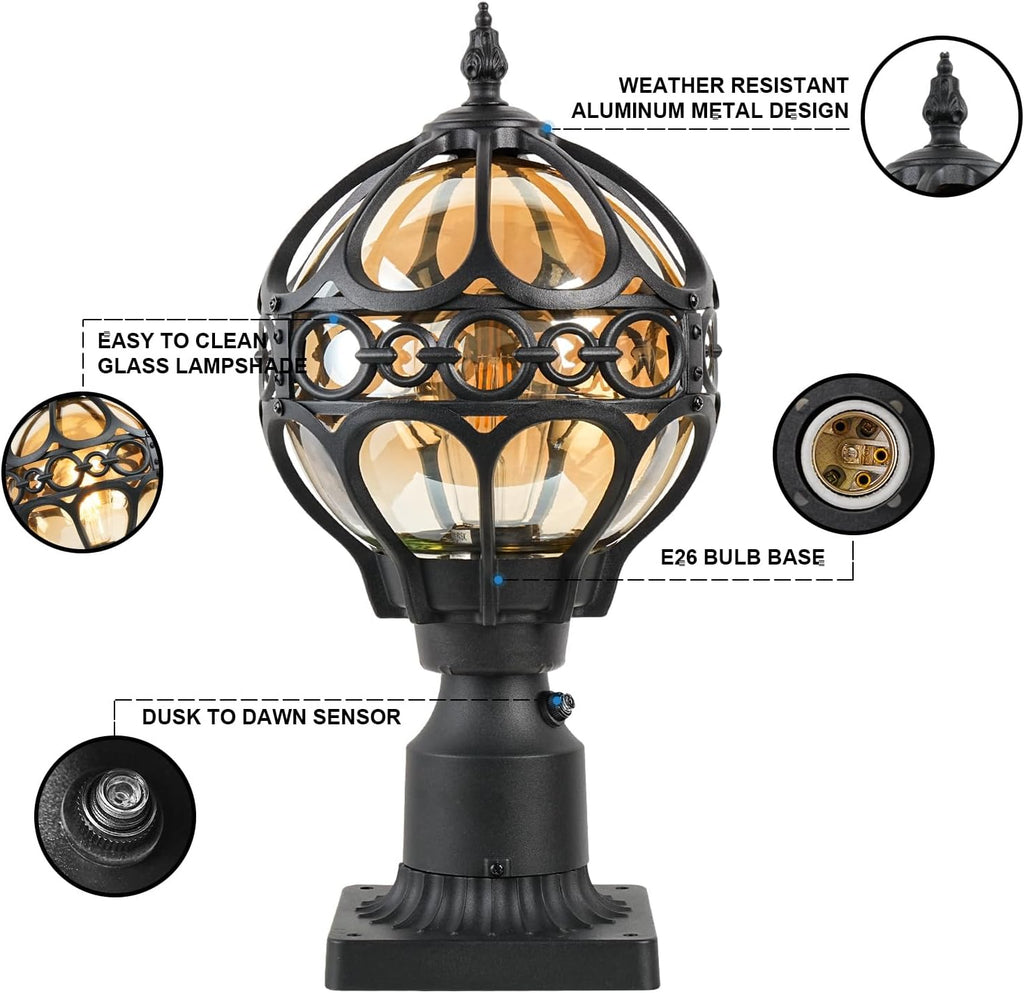 2 Pack Dusk to Dawn Outdoor Lamp Post Lights, 17.5'' Black Aluminum Rust-Proof Globe Post Lighting Fixture for Porch Driveway Garden, Exterior Hardwired Pillar Light with Standard 3" Base