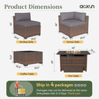 Aoxun 11 Piece Patio Furniture Set with 44” Fire Pit Table Wicker Rattan Outdoor Sectional Sofa Set with Coffee Table and Thickened Cushions, Gray (Waterproof Cover Included)