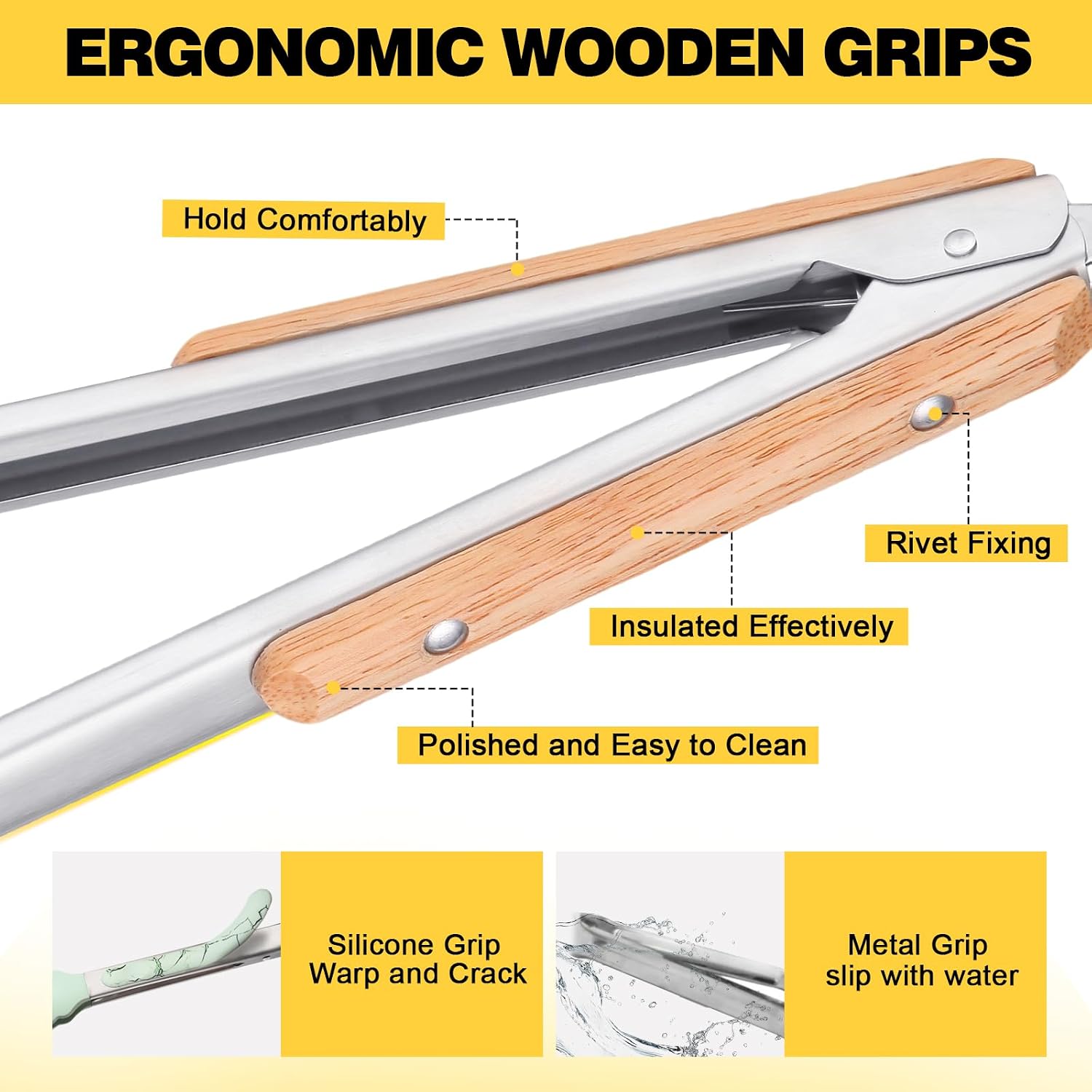 Premium Metal Kitchen Tongs for Cooking - Heat Resistant 1100°F Stainless Steel Tongs with Comfortable Wooden Grips - Perfect for Grill, Salad, Toaster, Cooking, and Serving Food (12-inch)