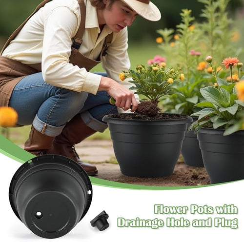 3 Pack 11 Inch Plant Pots,Plastic Flower Pots with Drainage Holes,Lightweight Durable Planters for Indoor Outdoor Plants,Modern Decorative Pots for Patio Garden(Black)