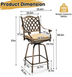 VINGLI 3 Piece Outdoor Patio Bar Set, Cast Aluminum Outdoor Swivel Bar Stools and Table w/Umberlla Hole, All-Weather Outdoor Bar Table and Chairs High Top Bistro Set w/Cushions (Grid Back)