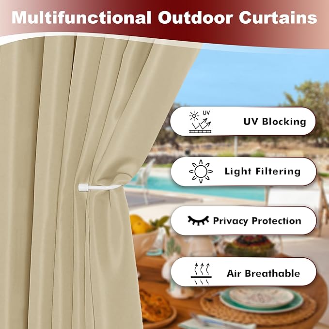 HolidayIdeas Grommet Outdoor Curtains for Patio Waterproof 8 Pcs All Weather Balcony Outside Curtains for Apartments, Gazebo, Pergolas, Porch, 54x108 Inch, Cream