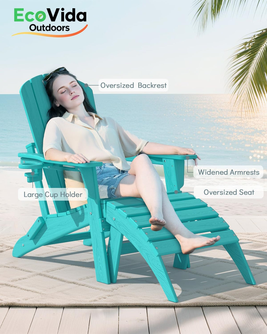 HDPE 3-Piece Folding Adirondack Chair Set, Aruba Blue | 38" Extra Tall Back & Embossed Wood Grain, Oversized HDPE Patio Furniture with Side Table & Cup Holders, All Weather