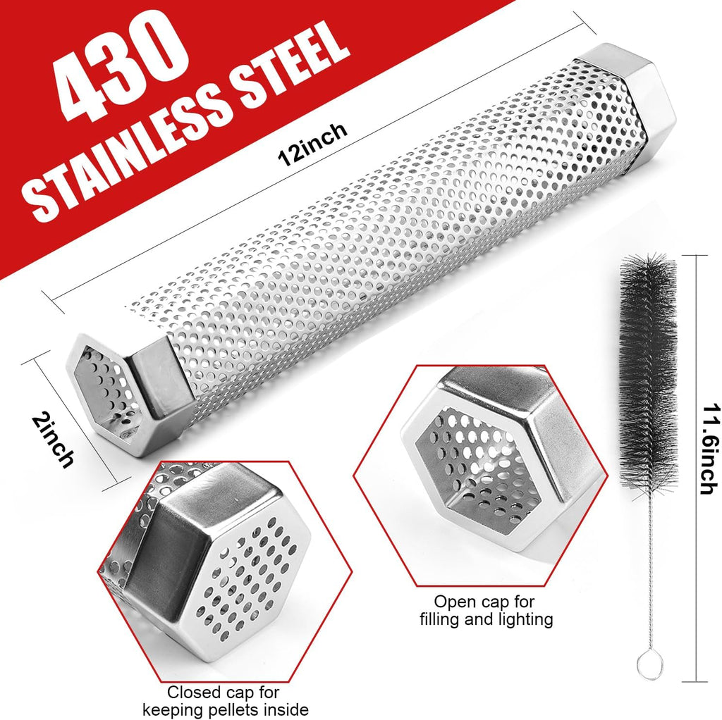 SHIKORI Smoker Tube,Stainless Steel Pellet Smoker Tube for Cold Smoker-6" | 5 Hours of Billowing Smoke-for Any Grill or Smoker,with Cleaning Brush