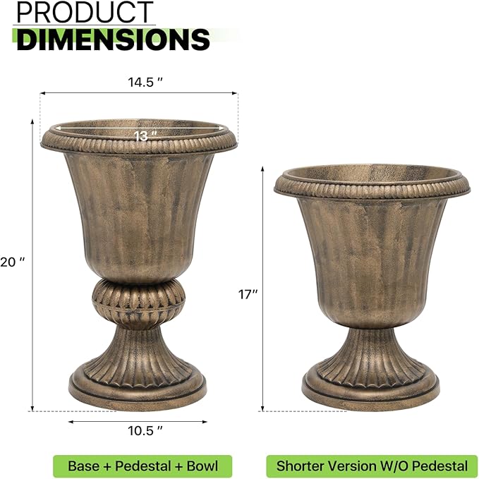 Magshion 20" Urn Planter for Outdoor and Indoor Plants, Large Decorative Front Porch Planter, Vintage Grecian Flower Pot for Patio, Garden & Entryway Décor, Antique Brass