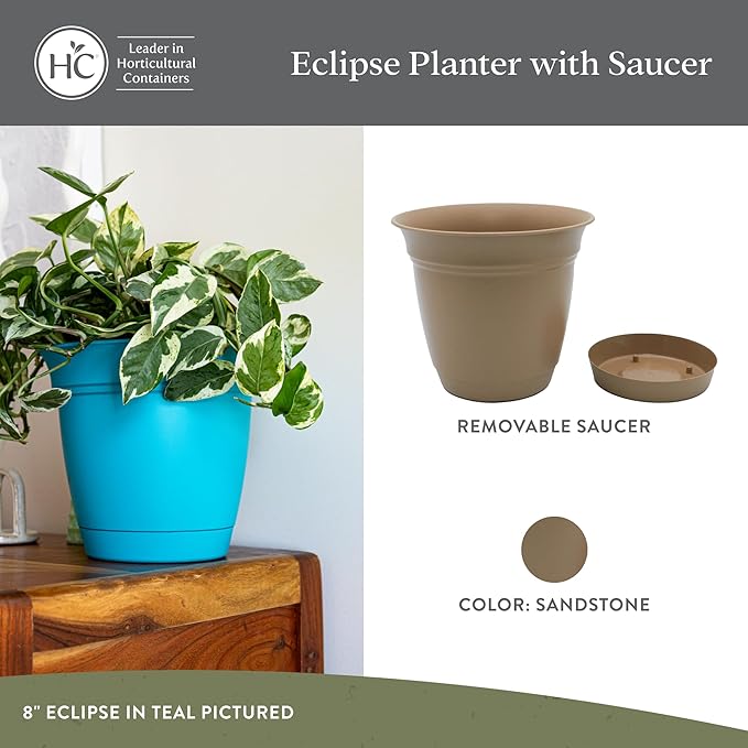 The HC Companies 12 Inch Eclipse Round Planter Pots with Drainage Holes & Attached Saucer, Lightweight UV-Resistant Plastic Indoor & Outdoor Planters, 2-Pack Flower Pots, Garden Home Decor, Sandstone