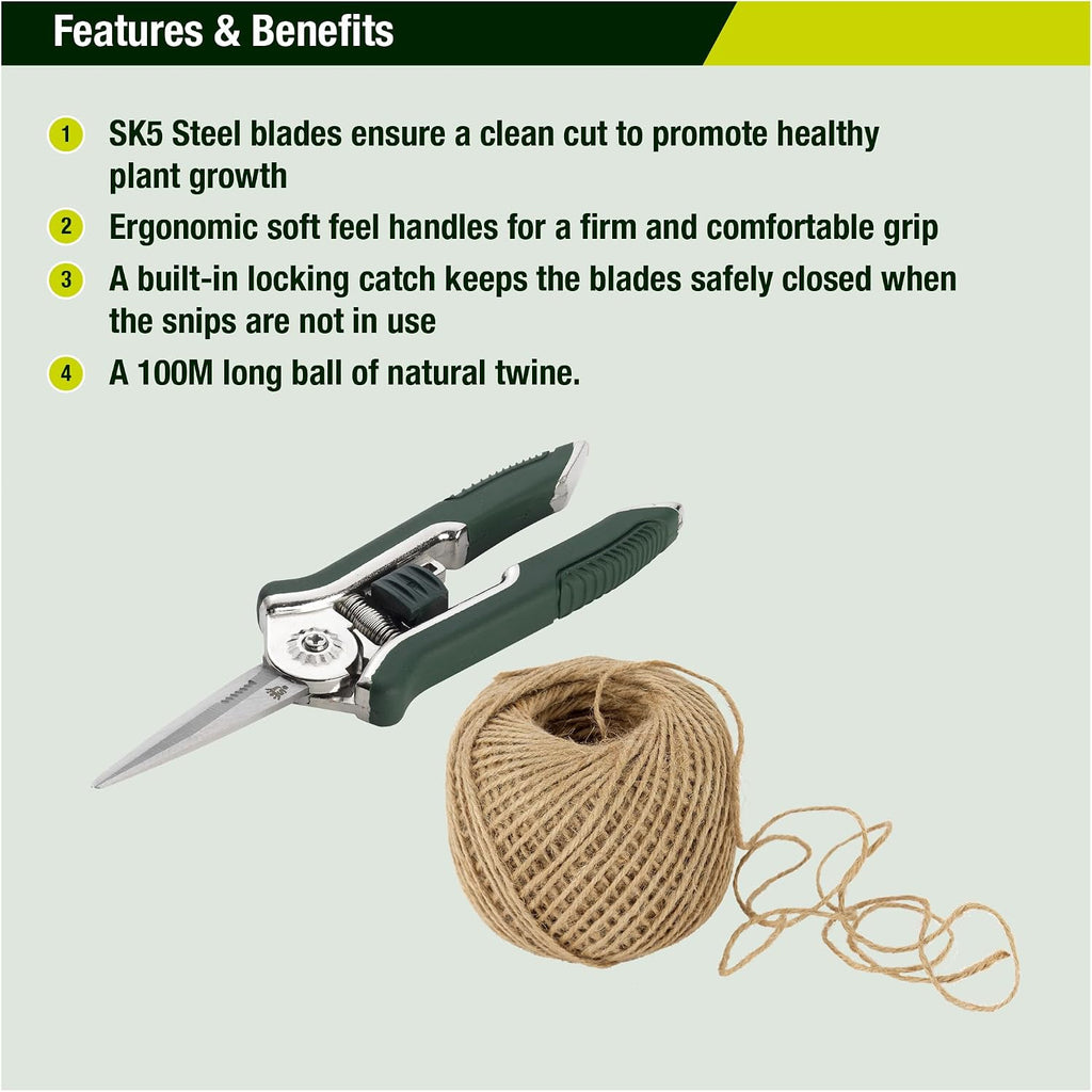 Spear & Jackson Kew Gardens Urban Oasis Collection CUTTINGSET19K Snips & Twine Set - Essential Pruners and 100m Natural Garden Twine