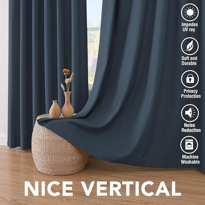 H.VERSAILTEX Linen Blackout Curtains 72 Inches Long 100% Absolutely Blackout Thermal Insulated Textured Linen Look Curtain Draperies Anti-Rust Grommet, Energy Saving with White Liner, 2 Panels, Navy