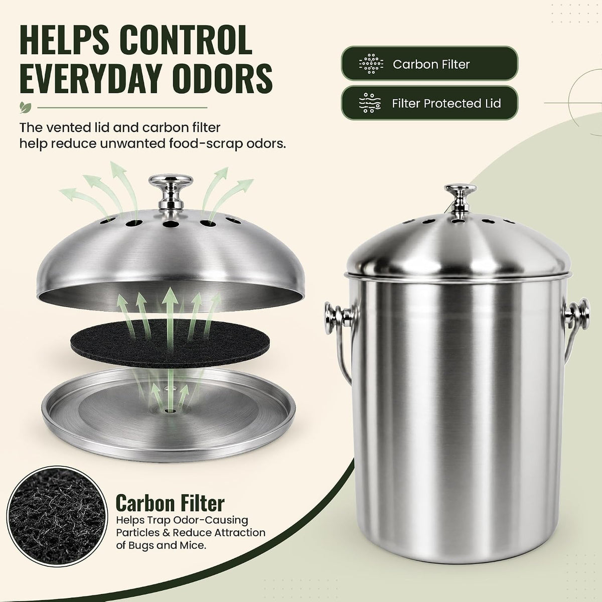 epica kitchen compost bin for kitchen countertops, 1.3, side view