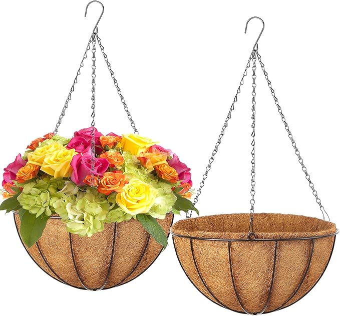 Hanging Baskets Planter for Plants - 2 Pack 10 Inch Metal Baskets with Coco Coir Liner, Hanging Flower Pots for Outside with Chain, Indoor Outdoor Garden Porch Decoration (10'' Pack of 2)