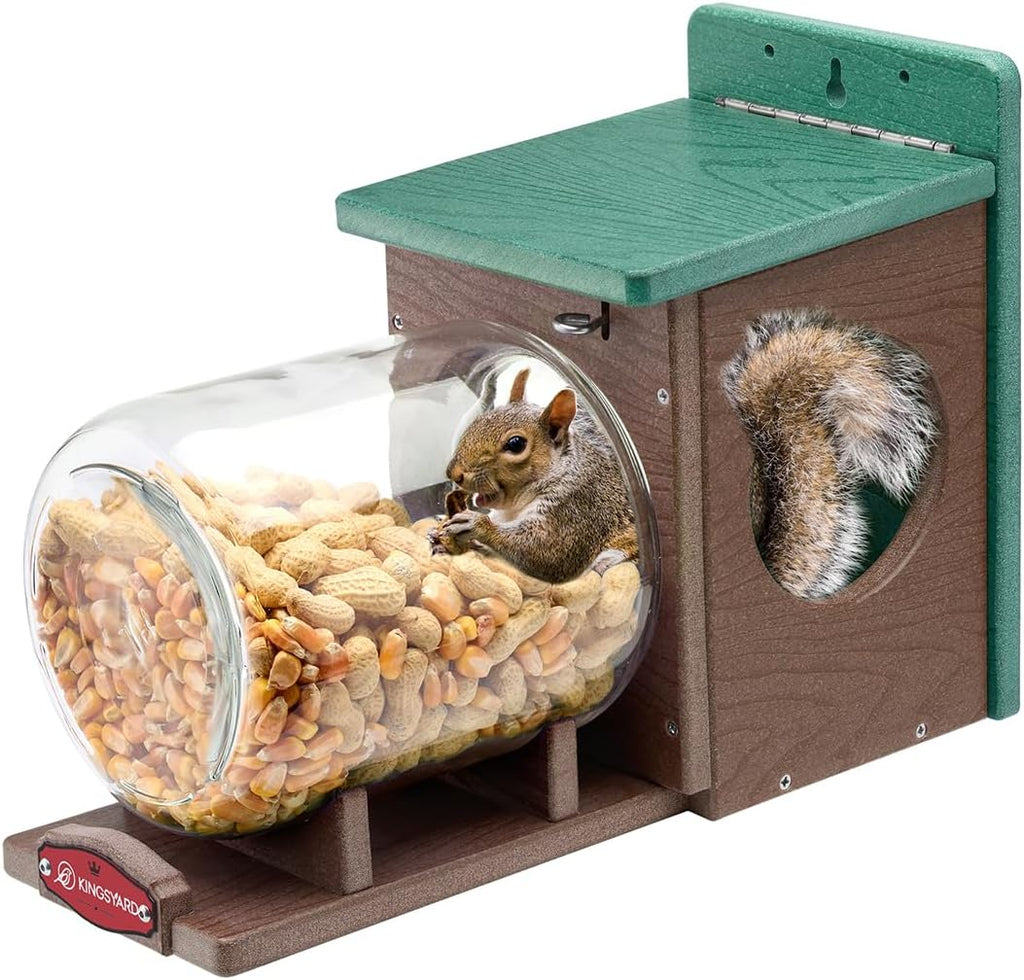 Kingsyard Recycled Plastic Squirrel Feeder for Outside, Squirrel Feeder Box with Peanuts Corn Storage Jar, Sturdy & Durable, Weatherproof (Green & Brown) | Sturdy & Durable Recycled Plastic, Removable Peanuts Corn Storage Jar, No Assembly Required