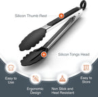 Kitchen Tongs with Silicone Tips - Stainless Steel tongs for cooking - 9" and 12" Tongs With Silicone Rubber Non Slip Grips, Heat Resistant Metal Tongs.