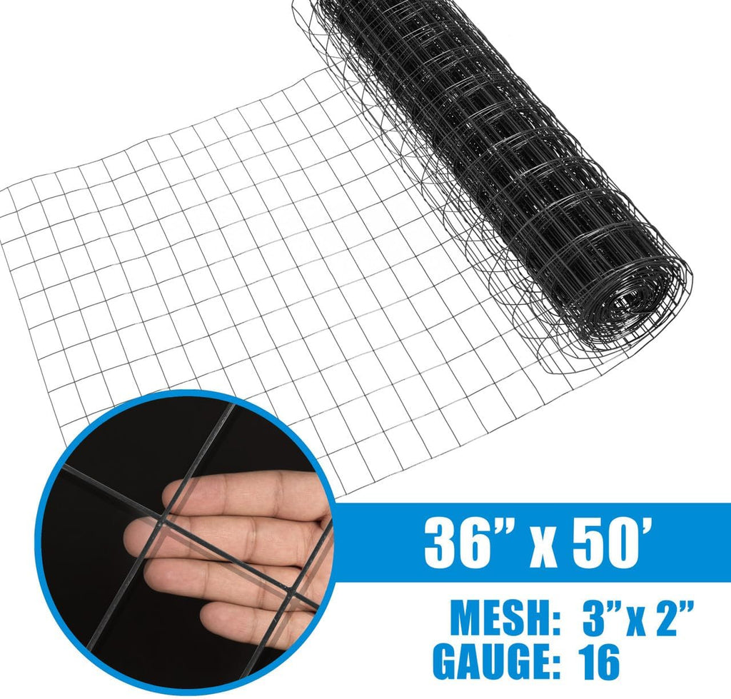 Fencer Wire Vinyl Coated 16 Gauge Welded Fence Wire Roll, Mesh Size 2-Inch x 3-Inch, Black Metal Garden Fencing Wire Grid Hardware Cloth, Multiple Use for Home Improvement