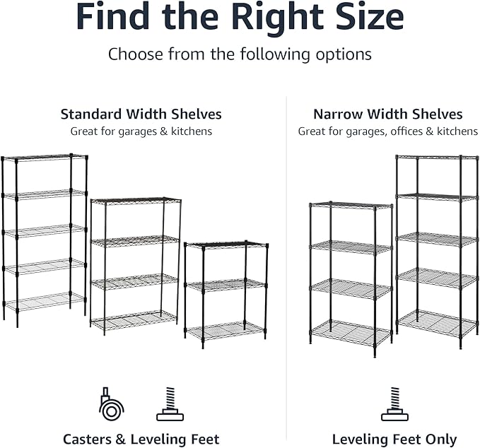 Amazon Basics 4-Shelf Heavy Duty Garage Shelving Storage Unit on 3" Wheel Casters, Adjustable Metal Wire Rack with Leveling Feet, 36" x 14" x 57.75", Black
