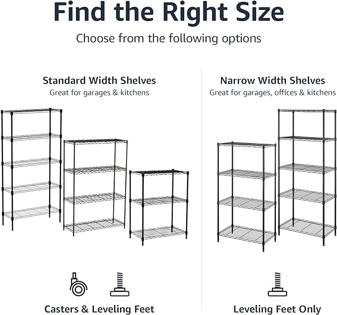 Amazon Basics 4-Shelf Steel Wire Storage Shelves for Garage, Adjustable Metal Shelving Unit, 200 lbs Per Shelf, 23.2" W x 48" H x 13.4" D, Black | Sturdy, Adjustable, Easy Assembly, Storage