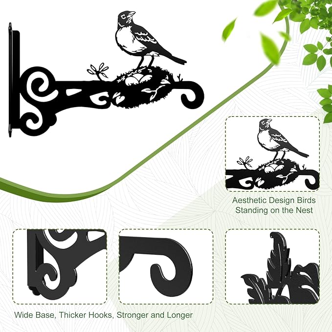 2-Pack Aesthetic Plant Hanger Indoor and Outdoor – 10 Inch Metal Hanging Plant Bracket with Beautiful Bird Pattern – Anti Rust Plant Hooks for Hanging Plants, Bird Feeder, Wind Chime, Lantern