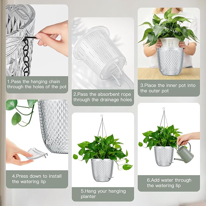 QCQHDU Self Watering Hanging Pots, 2 Pack 5.7 Inch Hanging Planters for Plants Indoor, Outdoor Flower Pots with Drainage Holes and 3 Hooks Chains for Garden Home (Clear)