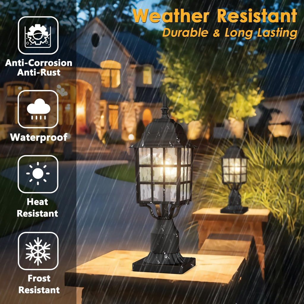 2-Pack Dusk to Dawn Outdoor Post Light, Black | Lamp Post Light Fixture, Water Ripple Glass, Pier Mount Base, Exterior Pole Lantern Light for Yard Patio Pathway
