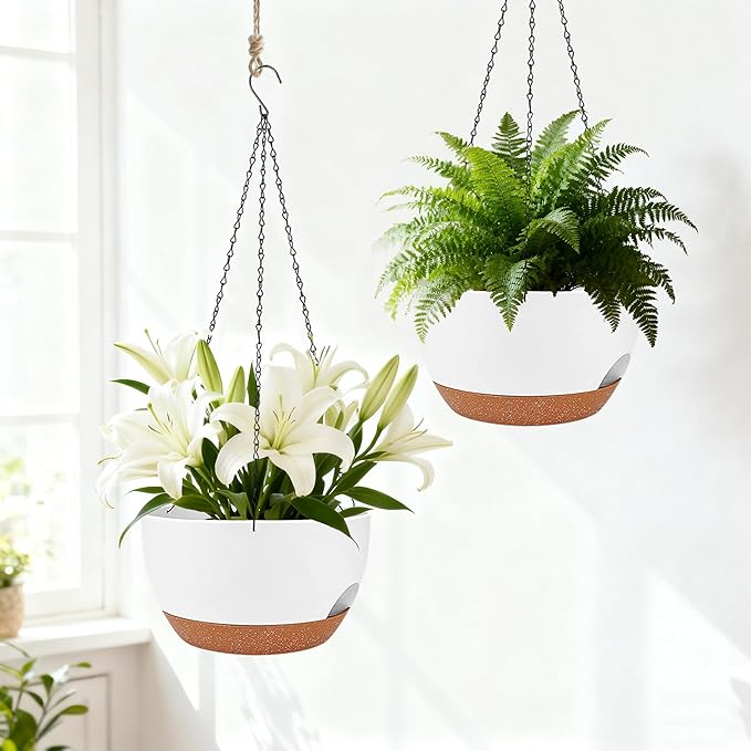 Set of 4-8 Inch Self Watering Hanging Planters for Indoor Outdoor，Hanging Plant Pots with Drainage & Removable Tray, Hanging Pots Holder for Ivy, Pothos, Ferns, Balcony & Patio, White Brown