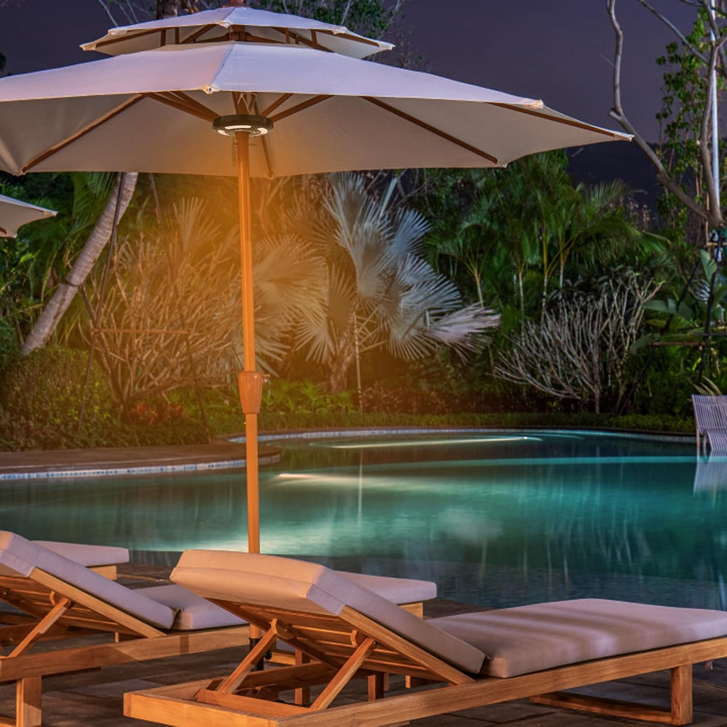 Dual-Power Patio Umbrella Light-Rechargeable & Battery Operated Umbrella Lights,3 Lighting Modes Cordless,Umbrella Pole Light for Patio Umbrellas Camping(4 AA Batteries Not Included)