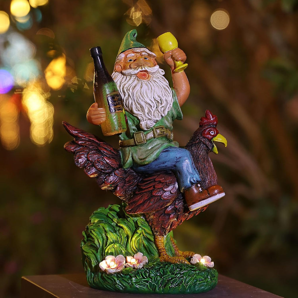 Garden Gnomes Statue Outdoor Decor,Funny Gnome Riding Rooster Sculptures Art Decor, Ideal Decoration for Yard Balcony Patio Lawn Home House - Birthday Gifts