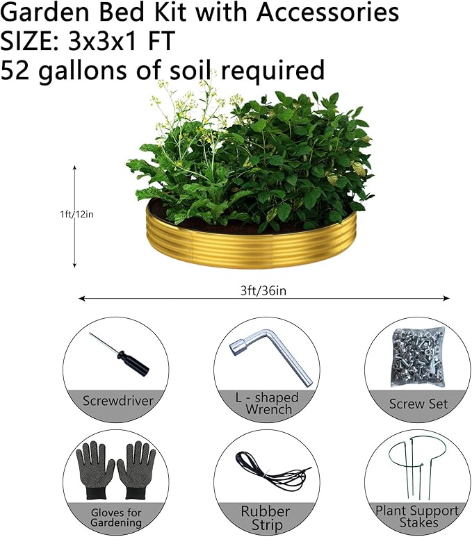 Galvanized Metal Planter Round Raised Garden Bed Kit for Gardening Outdoor Garden Box Raised Flower Bed 1PC Gold 3X3X1FT
