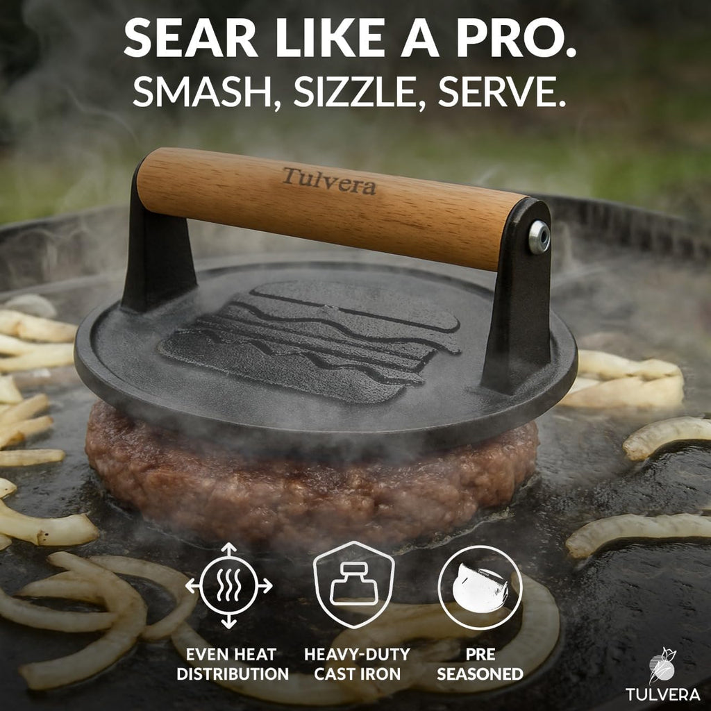 Smash Burger Press | Cast Iron Hamburger Smasher Tool | Flat-Edge Meat Press for Hamburgers, Bacon, Outdoor Kitchen | Griddle & Grilling Accessories | Pre-Seasoned | 6.1”