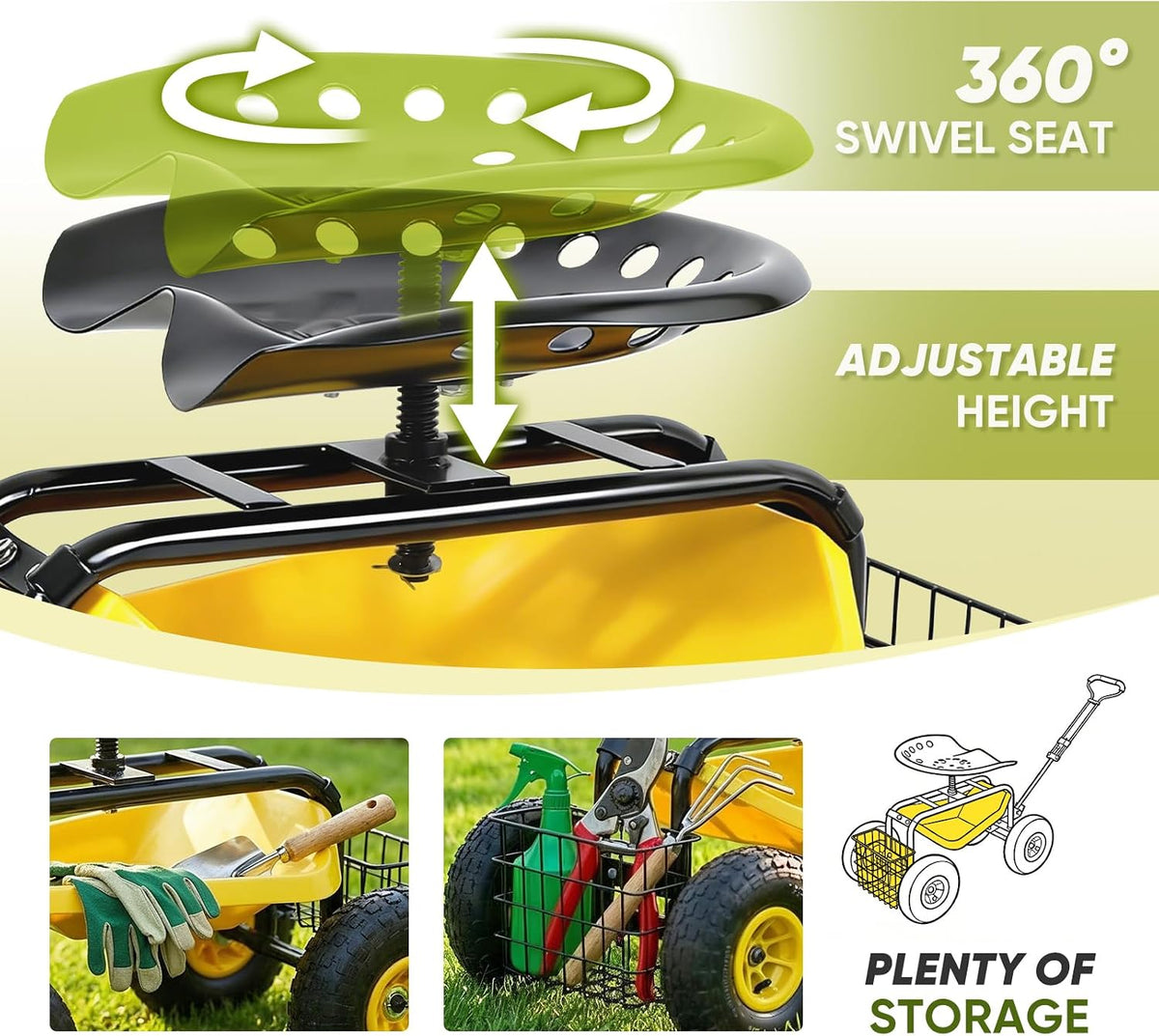 sekey garden cart rolling workseat, heavy duty garden, side view