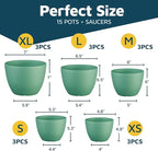 Mint Plant Pots with Drainage Holes & Saucers 15 Pack, Indoor & Outdoor Stackable Space-Saving Planters for Houseplants & Flowers, (7", 6.7", 6", 5.3", and 4.8" Inches), Durable & Weatherproof
