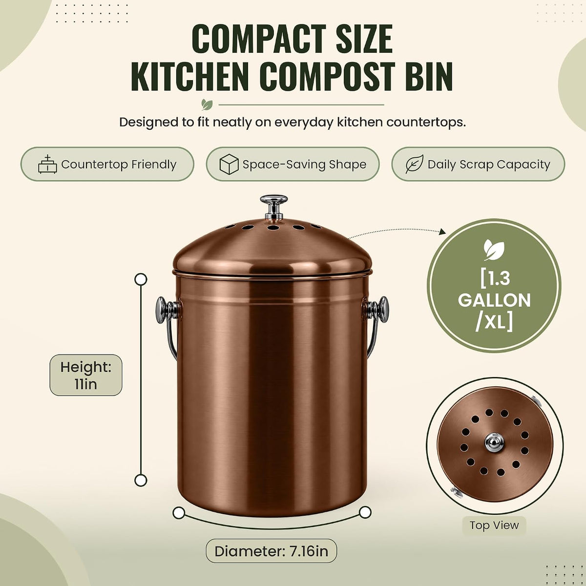 epica kitchen compost bin for kitchen countertops, 1.3 showing dimensions