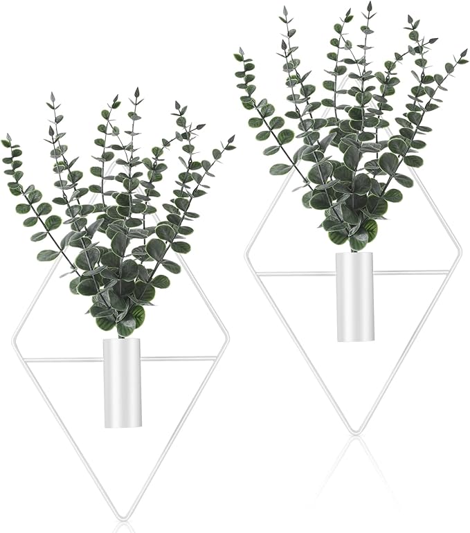 Jexine 8 Pcs Hanging Planters with Artificial Eucalyptus Metal Hanging Vase Indoor Plants Holder Modern Geometric Boho Bathroom Wall Decor for Living Room Home Office (Eucalyptus,White)