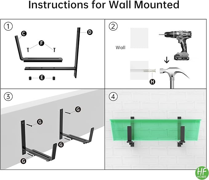 HFHOME 4PCS Adjustable Planter Window Box Planters Hanging Flower Box Holders Brackets, Heavy Duty Wall Mount Holder for Windowsills, Garden, Fences, and Balcony - Black