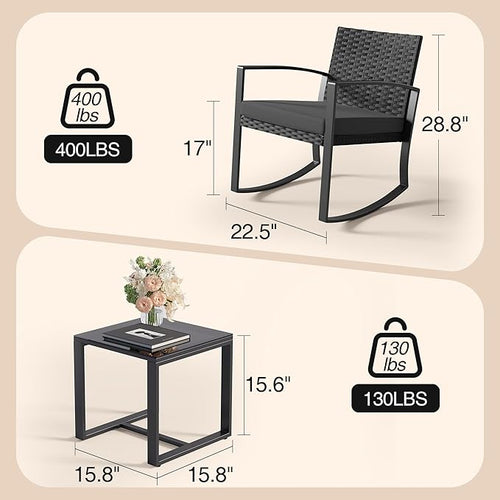 3 Pieces Patio Furniture Set Rocking Bistro Set, Outdoor Patio Furniture Set with Coffee Table for Garden Balcony Backyard Poolside (Black Cushion)