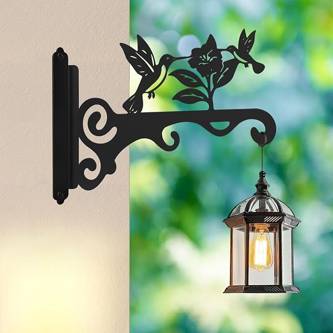 Elegant Bird Pattern Wall Hooks - 10/12/14 Inch Metal Plant Hangers for Indoor & Outdoor - Rust-Resistant Bracket for Plants, Feeders, Chimes, Lanterns (4, Black, 14 inch)