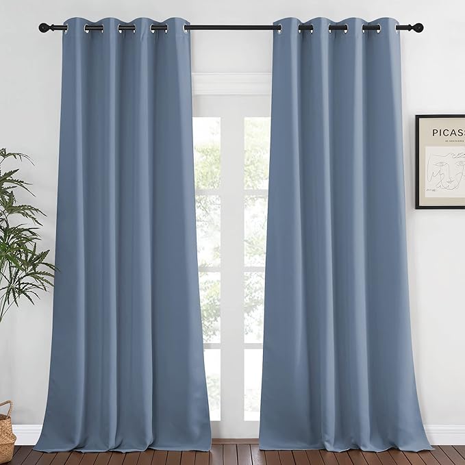 NICETOWN Blackout Stone Blue Curtains 120 inch Length - Window Treatment Energy Saving Thermal Insulated Room Darkening Grommet Drapes for Living Room (1 Panel, W52 x L120)