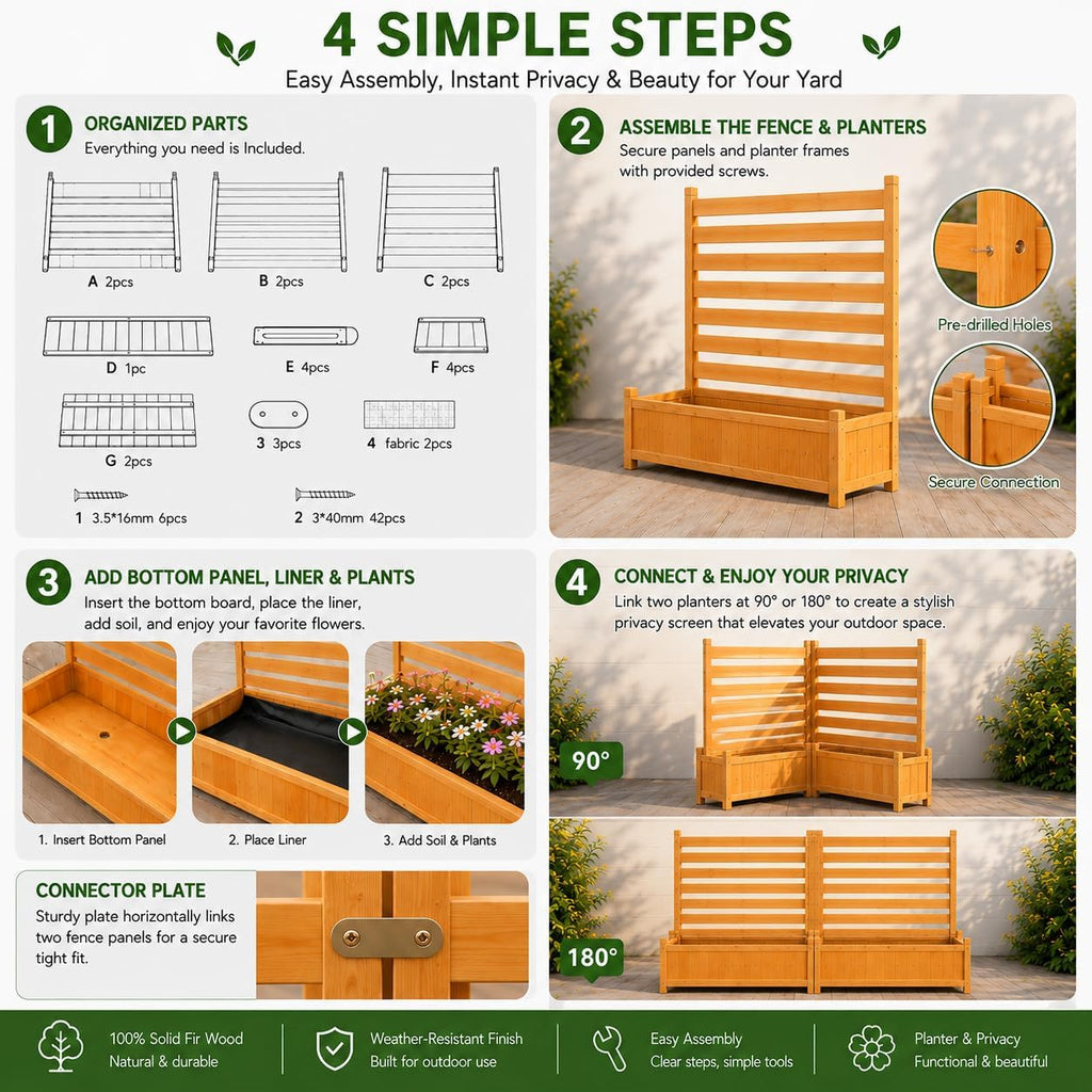 wood ac privacy fence with planter, 2 panels showing dimensions