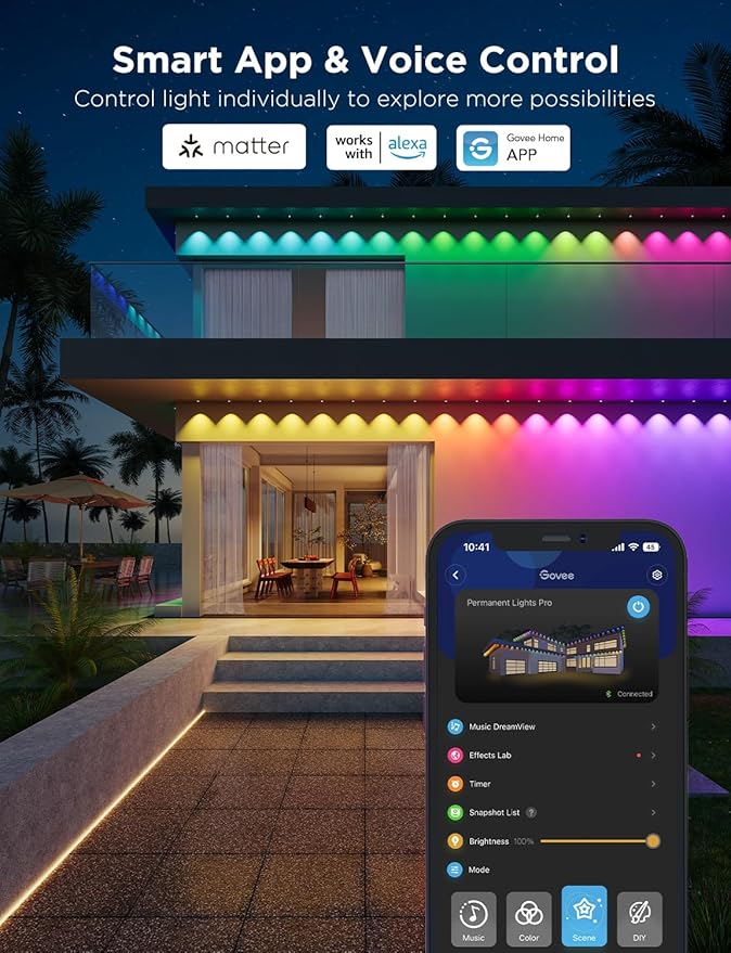 Govee Permanent Outdoor Lights Pro, 100ft with 60 RGBIC LED Lights for Daily and Accent Lighting, 75 Scene Modes for Outdoor Decor, IP67 Waterproof, Works with Alexa, Google Assistant, Matter, White