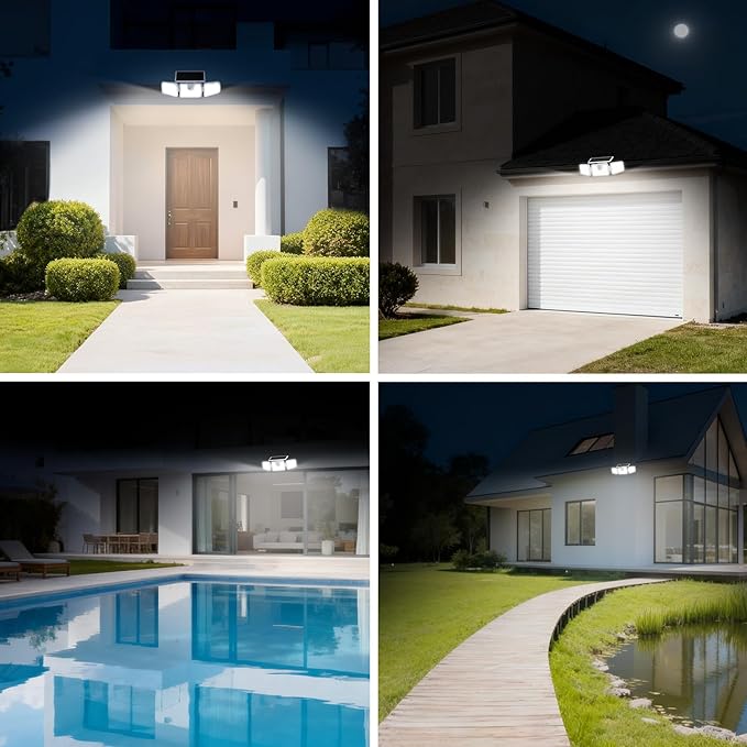 INCX Solar Lights Outdoor with Motion Sensor, 3 Heads Security Lights Solar Powered, 156 LED Flood Light Motion Detected Spotlight for Garage Yard Entryways Patio, IP65 Waterproof, White, 4 Pack
