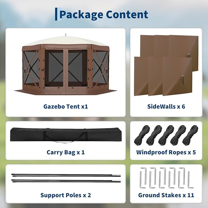 11.5x11.5FT 6-Sided Pop Up Gazebo Tent，One-Push Setup Canopy Tent with Mesh Panels & Removable Wind Cloths, Outdoor shelter for Camping, Backyard Parties, Outdoor Events - Beige & Khaki
