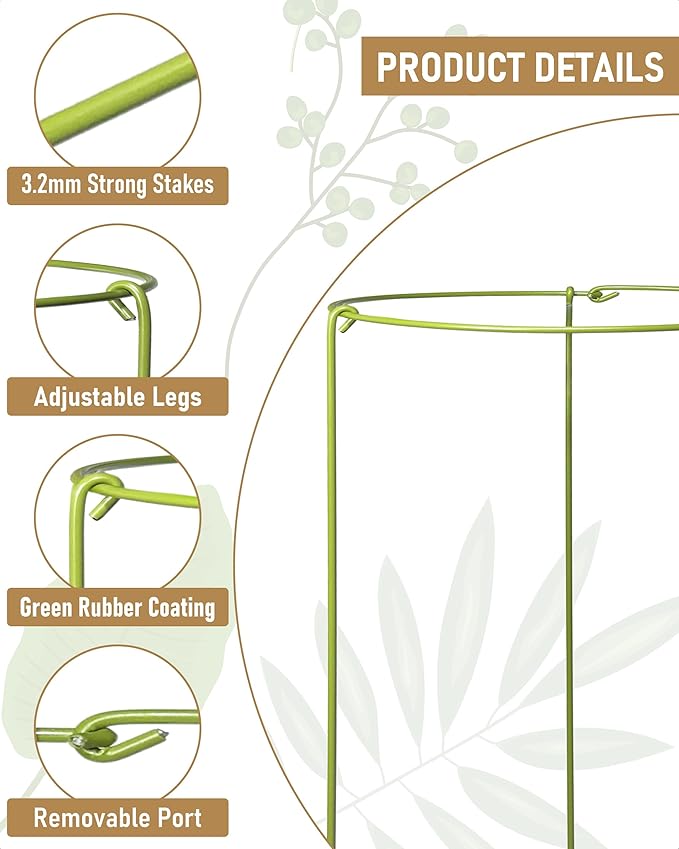 5-Pack Heavy Duty Plant Support Stakes, Metal Plant Ring Cages for Indoor Outdoor Plants, Adjustable Garden Stakes for Peonies, Monstera, Pothos, Hydrangea, Vines & Potted Plant (8" W x 14" H)
