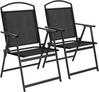 Outdoor Patio Chairs Set of 2, Folding Lawn Chairs, Black | Foldable Lightweight Dining Chairs with Armrests & Back Support, Breathable Textilene & Metal Frame for Deck, Lawn, Camping