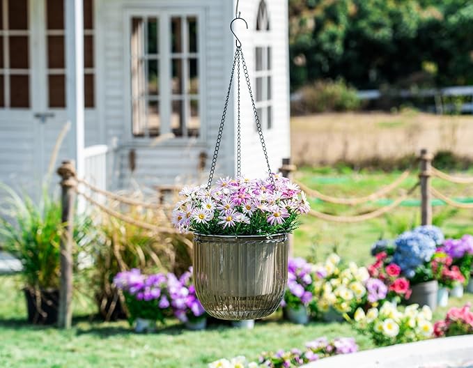 Melphoe 1 Pack Self Watering Hanging Planters Indoor Flower Pots, 8.3 Inch Outdoor Hanging Plant Pot Basket, Plant Hanger with 3Hooks Drainage Holes for Garden Home