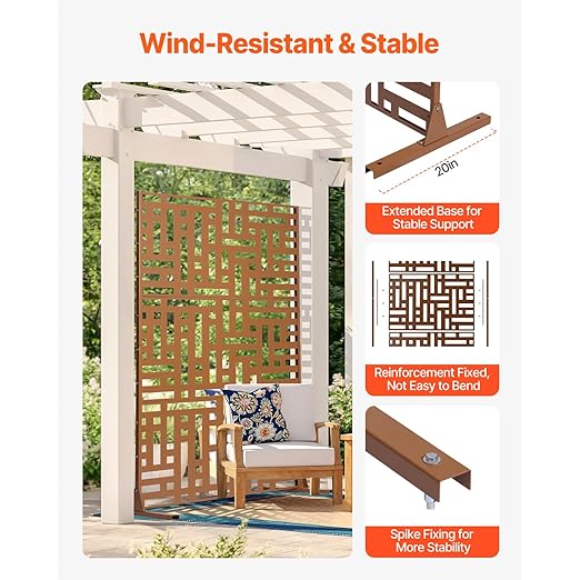 VEVOR Metal Privacy Screen, 47" W x 76" H, Outdoor Privacy Screens 3-Panel, Freestanding Outdoor Divider with Stand, Decorative Garden Steel Privacy Fence for Balcony Patio Indoor Room Hot Tub Brown