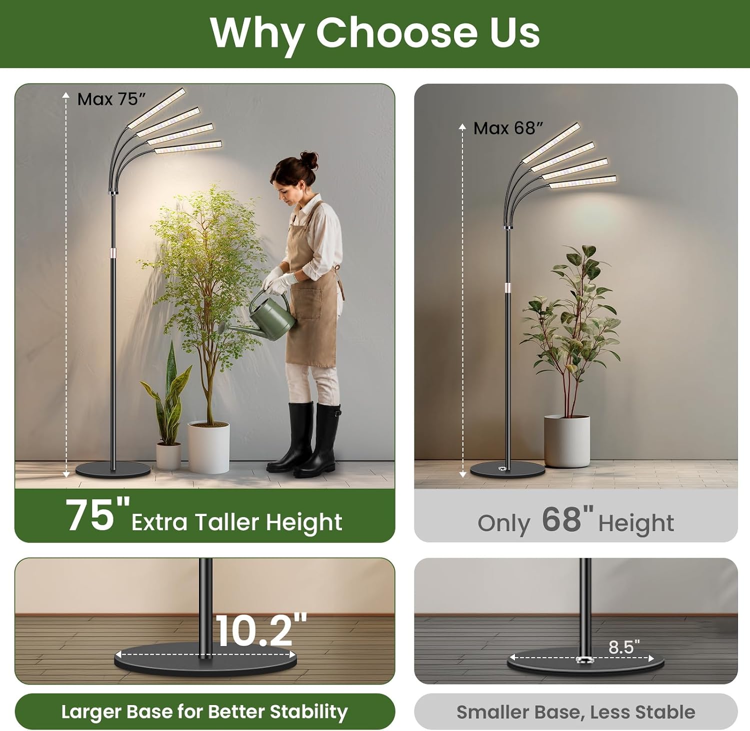 LBW Grow Lights for Indoor Plants, 75" Tall Full Spectrum Plant Grow Light | 228 LEDs Full Spectrum Grow Light with Stand, 6/8/12/16H Timer, 3 Color Modes, 360°Flexible Gooseneck, 4 Heads, Black