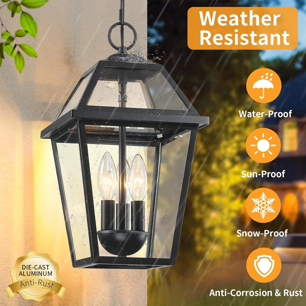 Modern 3-Light Large Outdoor Pendant Light, Matte Black, 1Pack | Exterior Hanging Light Fixture, IP65 Waterproof Anti-Rust, Outdoor Chandelier for Porch, Front Door, Balcony, Sloped Ceiling
