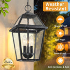 Modern 3-Light Large Outdoor Pendant Light, Matte Black, 1Pack | Exterior Hanging Light Fixture, IP65 Waterproof Anti-Rust, Outdoor Chandelier for Porch, Front Door, Balcony, Sloped Ceiling