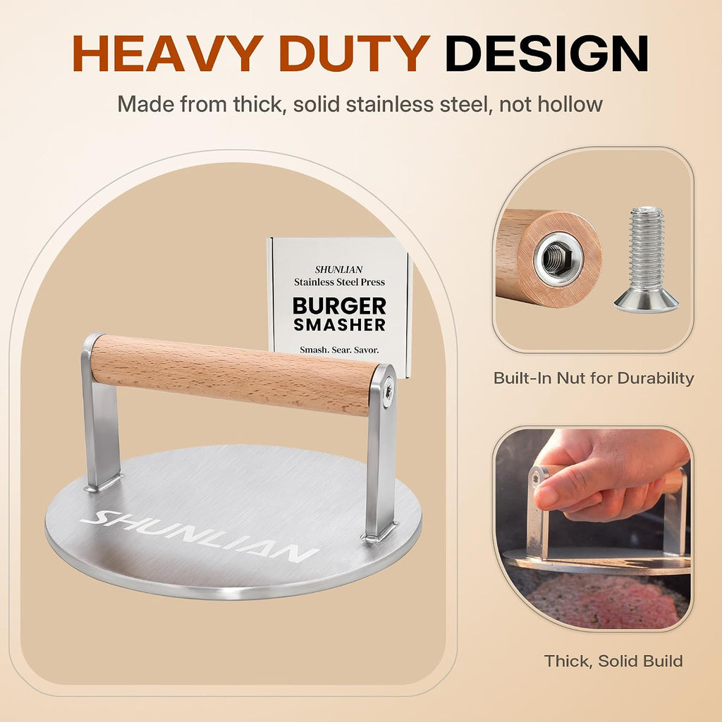 Stainless Steel Burger Smasher, 6 Inch Heavy Duty Grill Press with Wood Handle, 1.7 lb Solid Cooking Weight Press for Flat Top Griddle, Meat Press for BBQ, Fish, Chicken, Bacon & Steak
