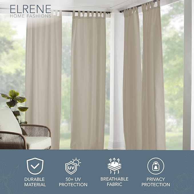 Elrene Home Fashions Matine Weatherproof Tab-Top Indoor/Outdoor Solid Color Curtain Panel for Porch, Pergola, Patio, Deck, 52”W x 84”L, Taupe